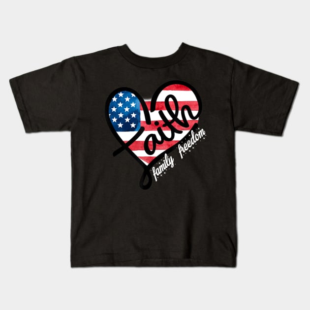 4th of July Patriotic Christian Faith Heart American Flag Kids T-Shirt by Haley Tokey